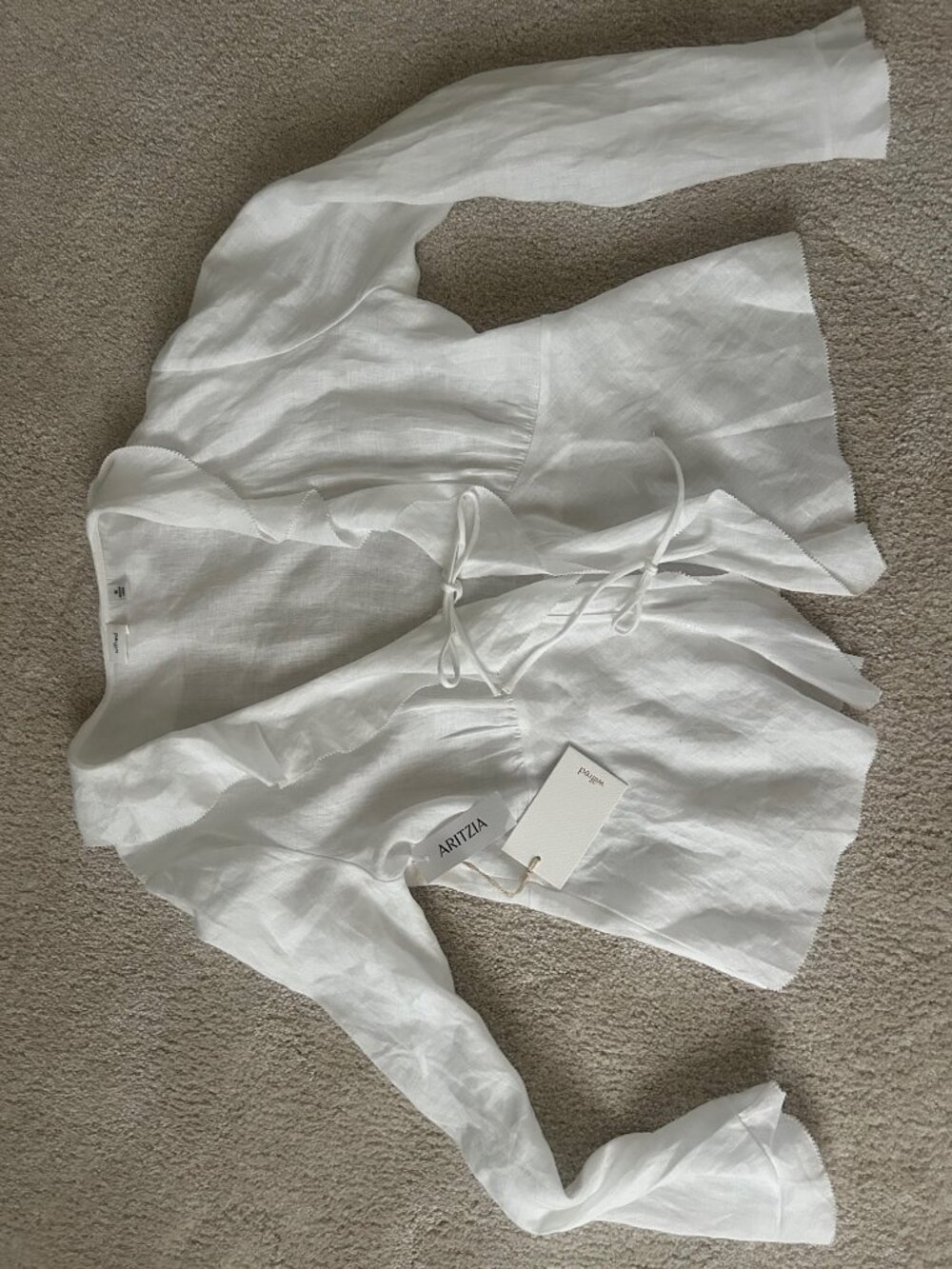 White linen Wilfred (from Aritzia) tie front top, size M